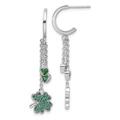 Rhodium-plated Sterling Silver Green CZ Clover Heart Post Hoop Earrings