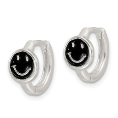 Sterling Silver E-Coating Black Enamel Smiley Face Hoop Earrings