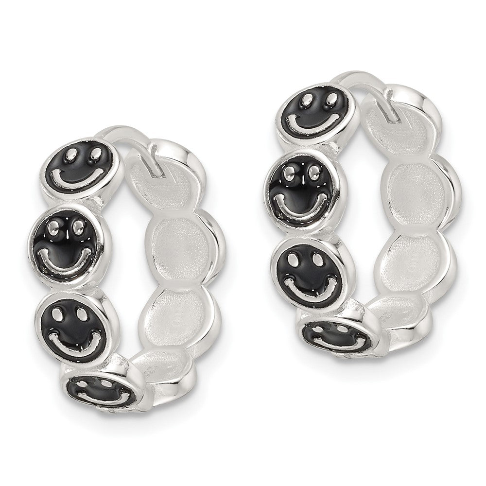 Sterling Silver E-Coat Black Enamel Smiley Face Hinged Hoop Earrings