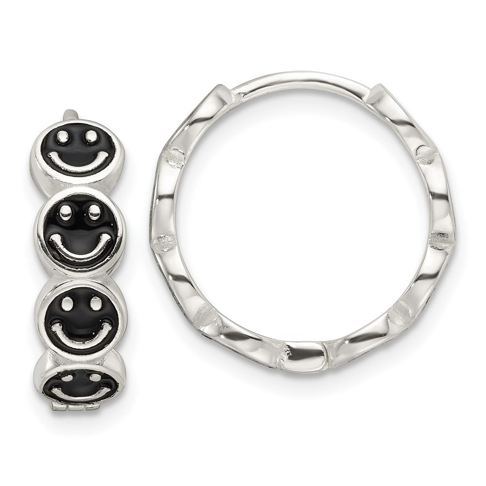 Sterling Silver E-Coat Black Enamel Smiley Face Hinged Hoop Earrings