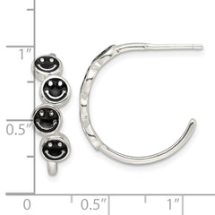 Sterling Silver E-Coating Black Enamel Smiley Face Post Hoop Earrings