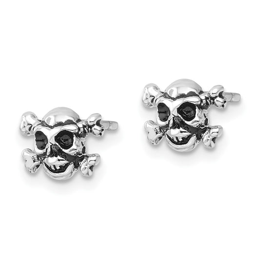 Rhodium-plated Sterling Silver Antiqued Skull and Crossbones Post Earrings