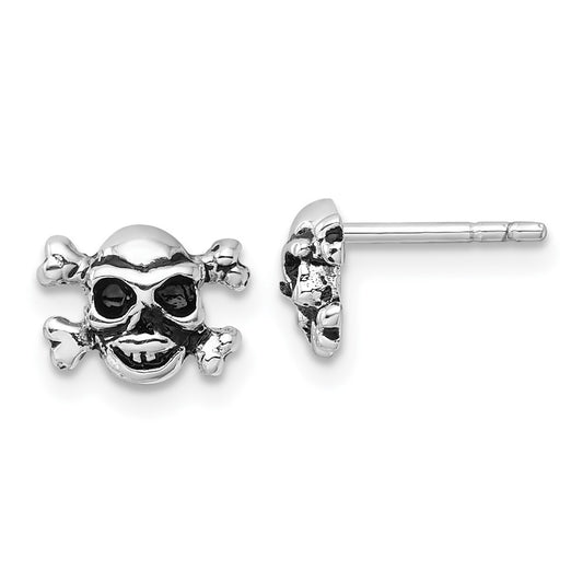 Rhodium-plated Sterling Silver Antiqued Skull and Crossbones Post Earrings