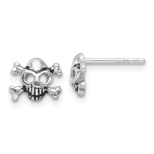 Rhodium-plated Sterling Silver Antiqued Skull and Crossbones Post Earrings