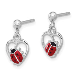 Rhodium-plated Sterling Silver Enameled Ladybug in Heart Post Dangle Earrings