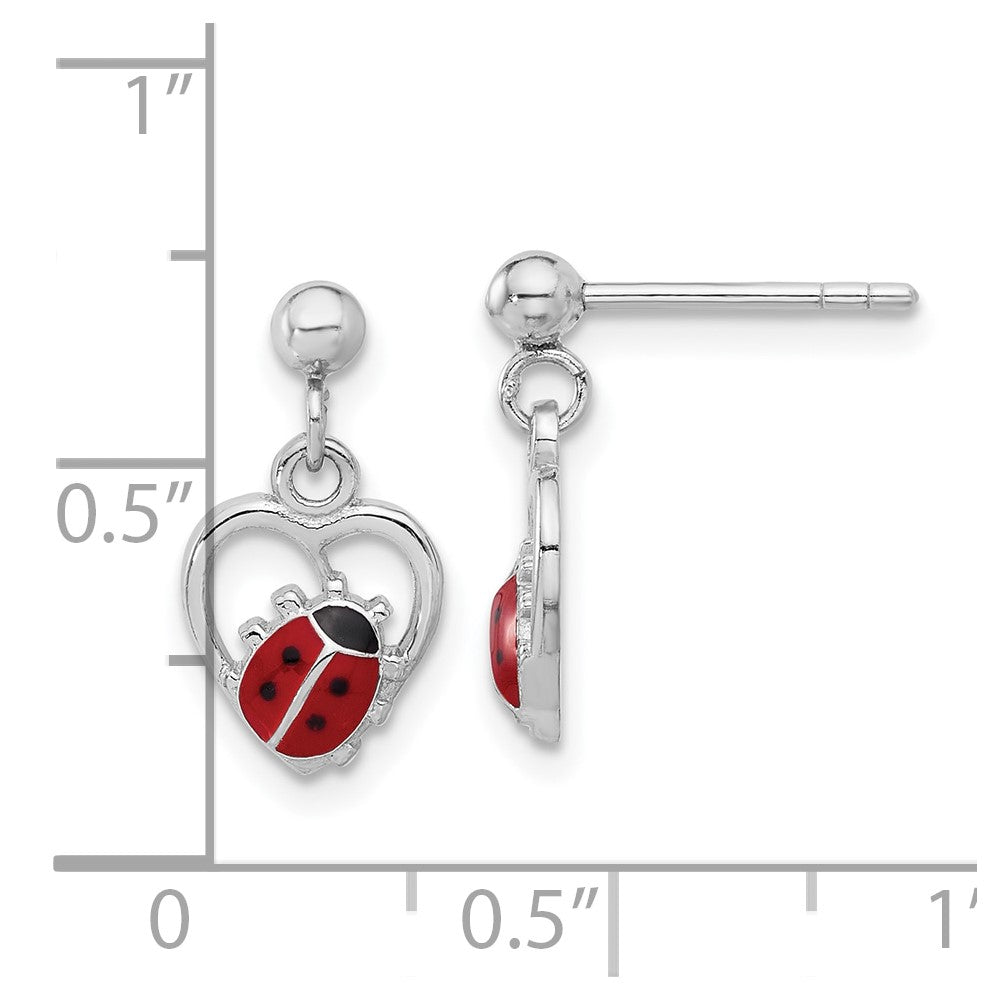 Rhodium-plated Sterling Silver Enameled Ladybug in Heart Post Dangle Earrings