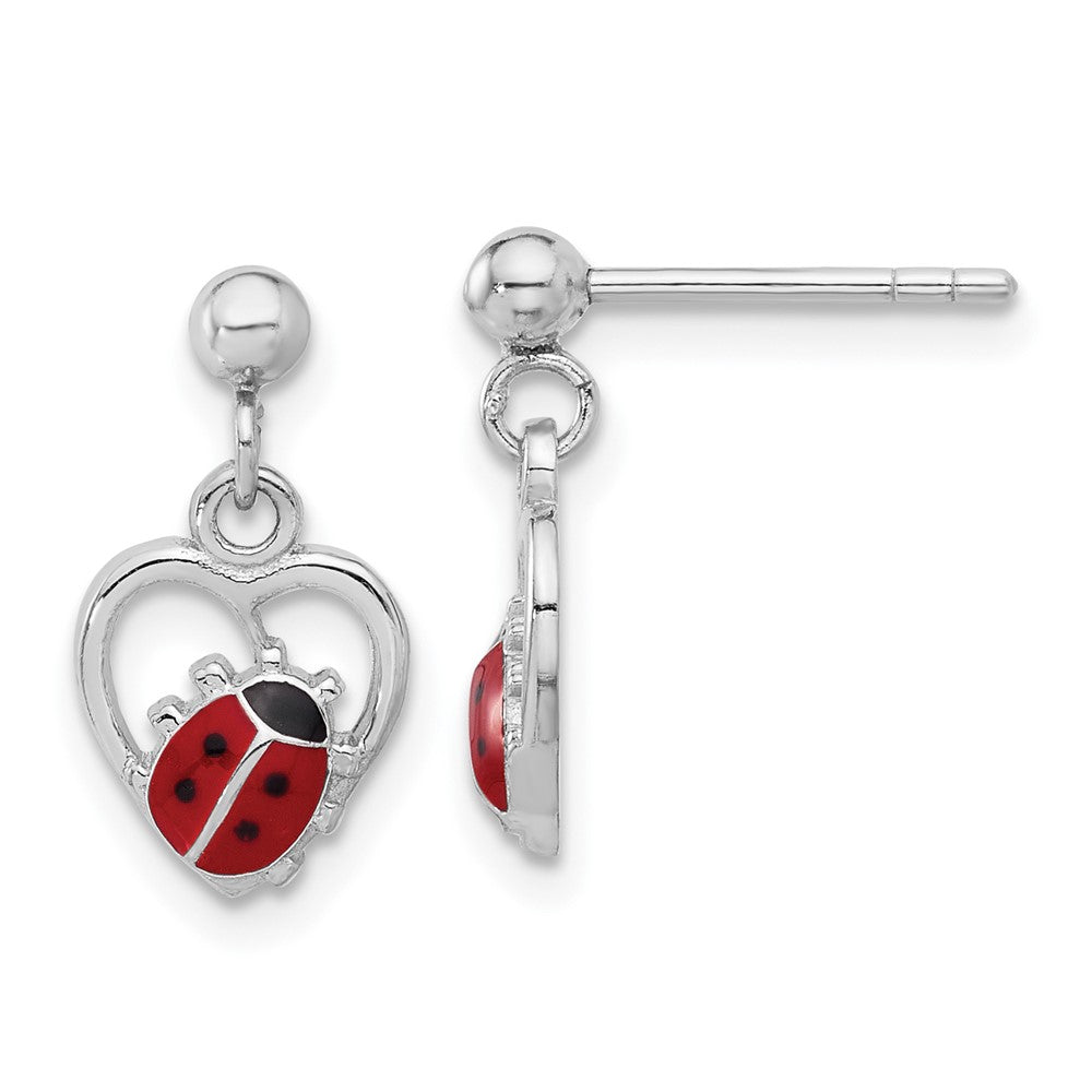 Rhodium-plated Sterling Silver Enameled Ladybug in Heart Post Dangle Earrings