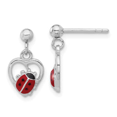 Rhodium-plated Sterling Silver Enameled Ladybug in Heart Post Dangle Earrings