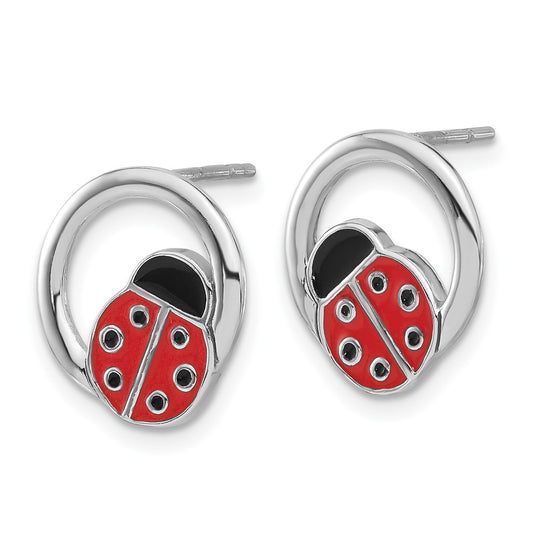 Sterling Silver Enameled Ladybug on Ring Post Earrings