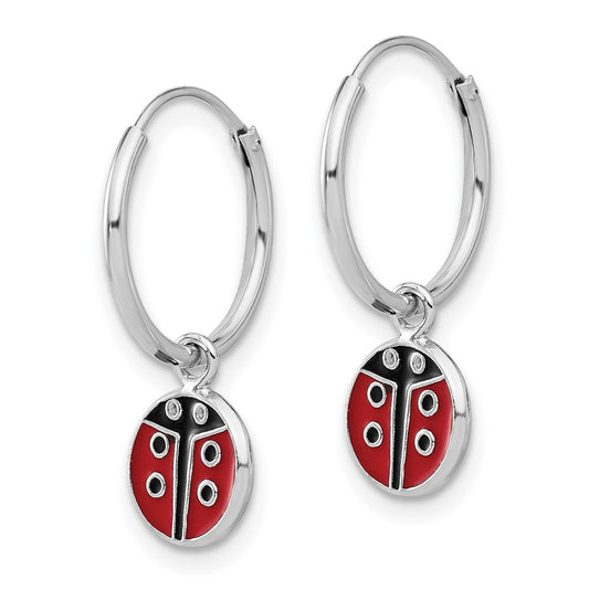 Rhodium-plated Sterling Silver Enamel Ladybug Dangle Eternity Hoop Earrings