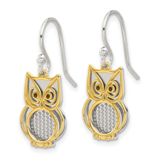 Sterling Silver and Gold Tone Black Enamel Owl Dangle Earrings