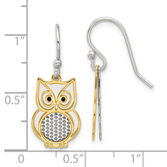 Sterling Silver and Gold Tone Black Enamel Owl Dangle Earrings