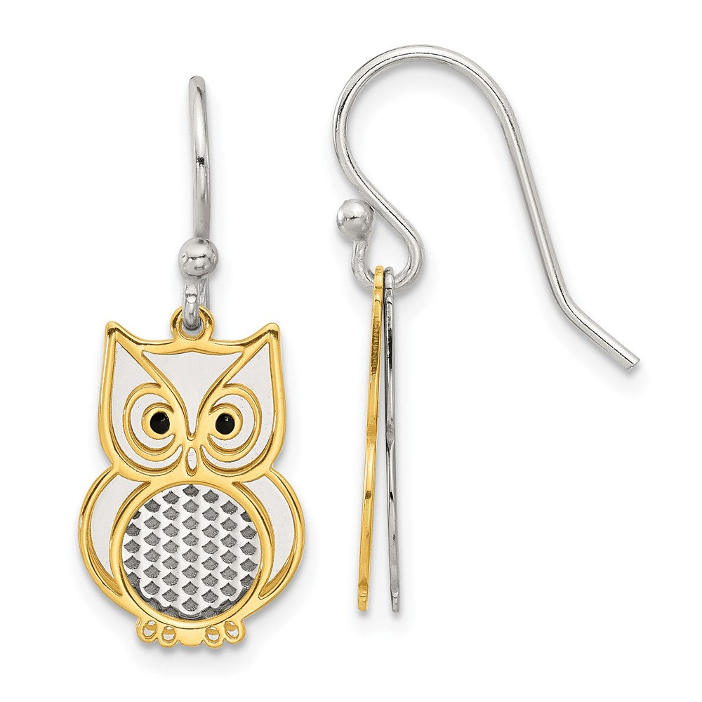 Sterling Silver and Gold Tone Black Enamel Owl Dangle Earrings