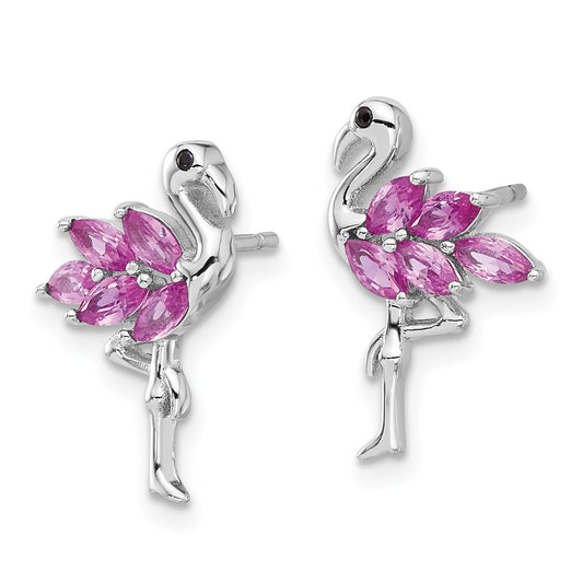Rhodium-plated Sterling Silver Pink Crystal Flamingo Post Earrings
