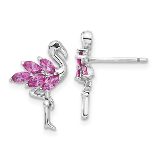 Rhodium-plated Sterling Silver Pink Crystal Flamingo Post Earrings