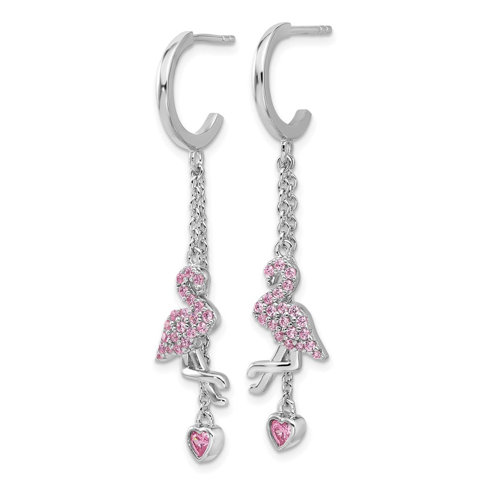 Rhodium-plated Sterling Silver Pink CZ Flamingo Heart Post Hoop Earrings