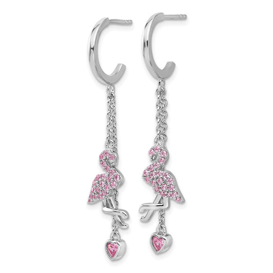 Rhodium-plated Sterling Silver Pink CZ Flamingo Heart Post Hoop Earrings