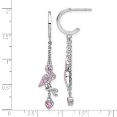 Rhodium-plated Sterling Silver Pink CZ Flamingo Heart Post Hoop Earrings