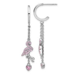 Rhodium-plated Sterling Silver Pink CZ Flamingo Heart Post Hoop Earrings