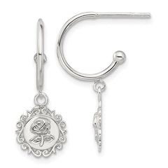 Sterling Silver E-coated Rose Dangle Post Hoop Earrings