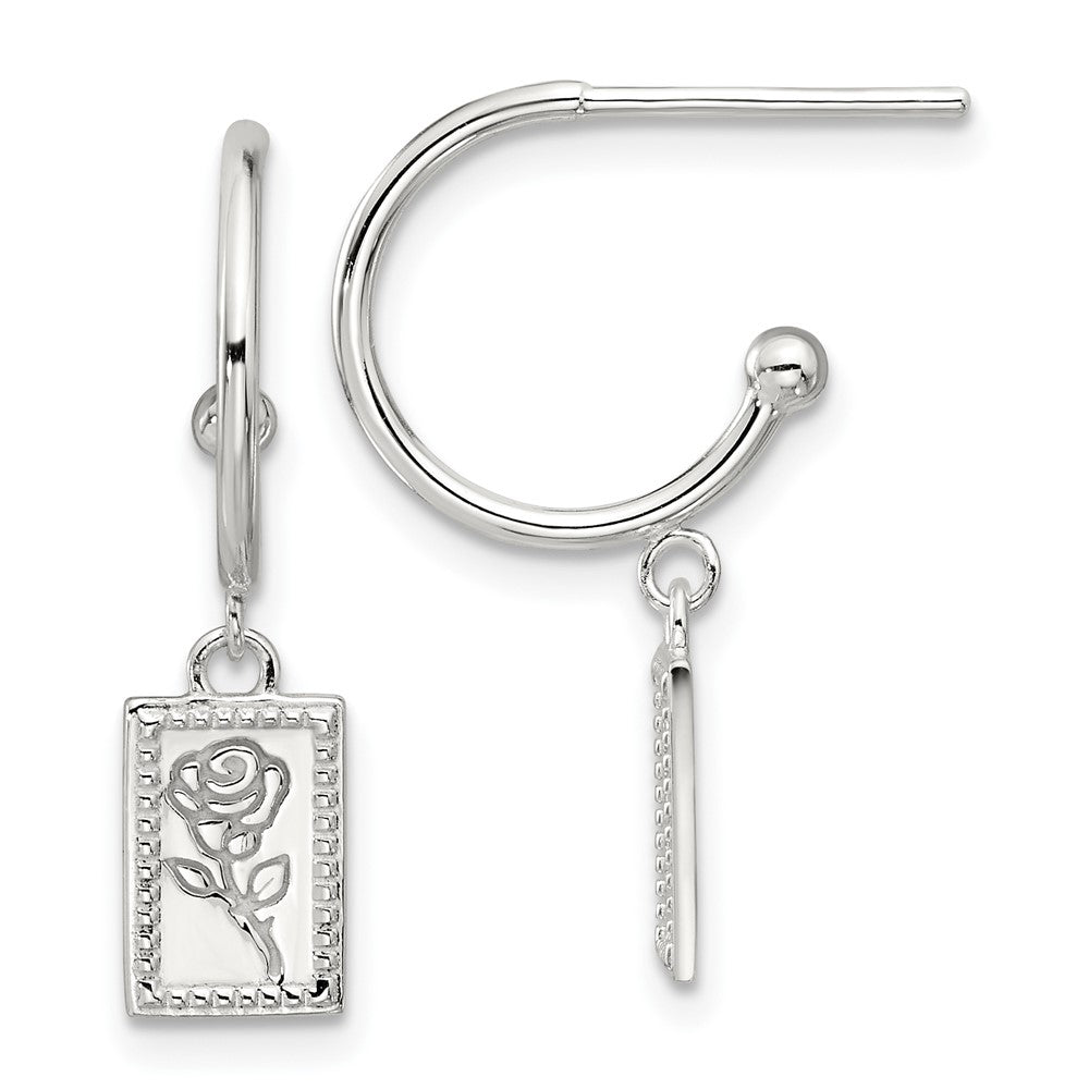 Sterling Silver E-coated Rose Dangle Post Hoop Earrings