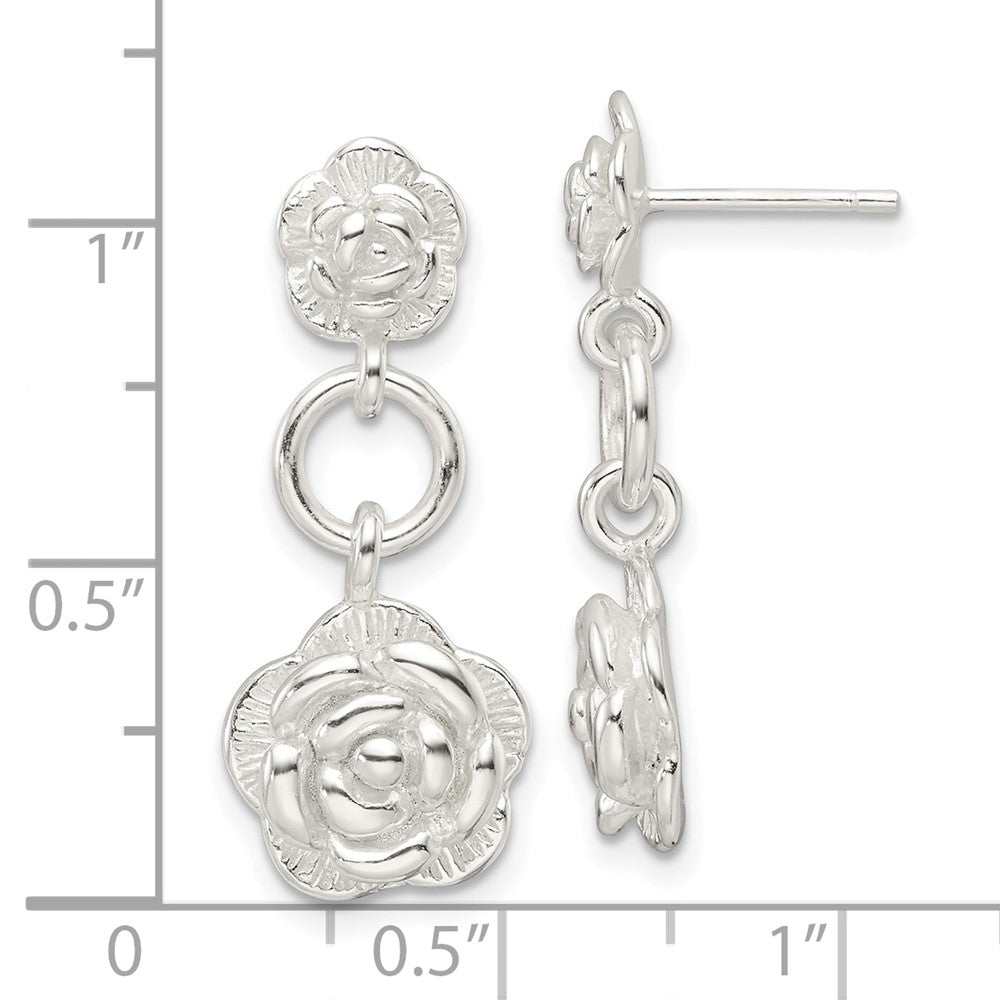 Sterling Silver E-Coating Rose Dangle Post Earrings