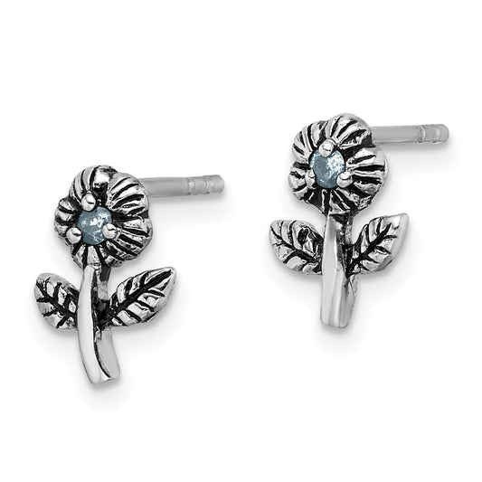 Rhodium-plated Sterling Silver Antiqued with Blue CZ Flower Post Earrings