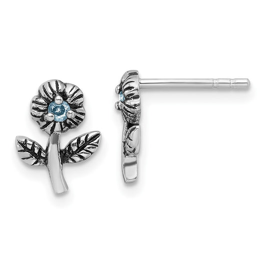 Rhodium-plated Sterling Silver Antiqued with Blue CZ Flower Post Earrings