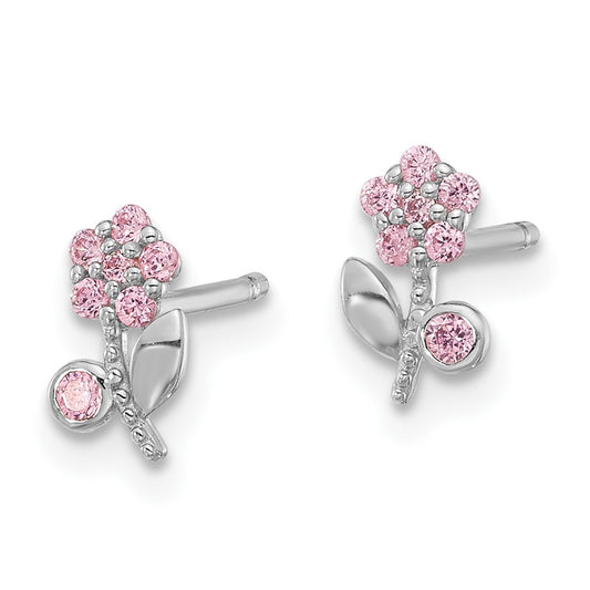 Rhodium-plated Sterling Silver Polished Pink CZ Flower Post Earrings