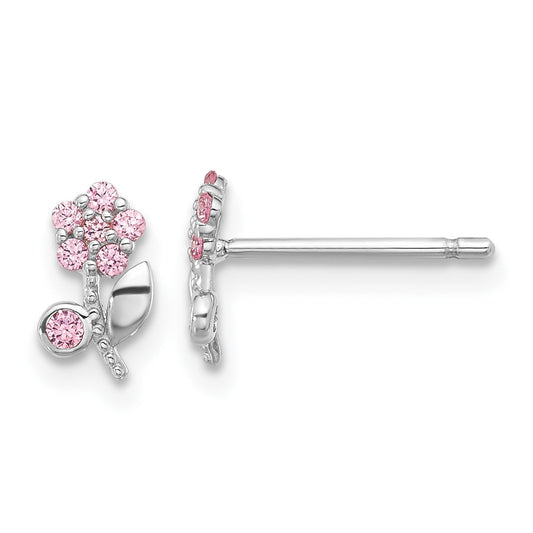 Rhodium-plated Sterling Silver Polished Pink CZ Flower Post Earrings