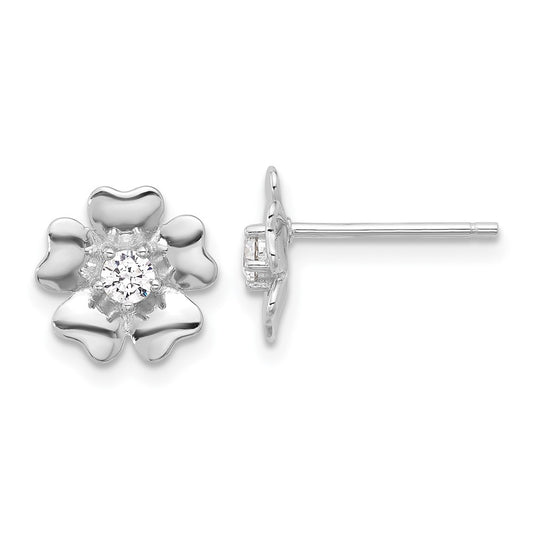 Rhodium-plated Sterling Silver CZ Flower Post Earrings