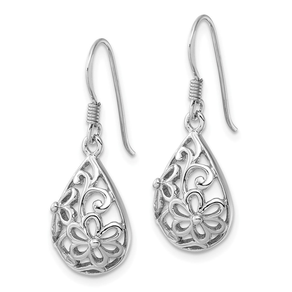 Rhodium-plated Sterling Silver Polished Domed Filigree Flower Earrings