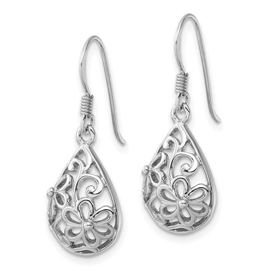 Rhodium-plated Sterling Silver Polished Domed Filigree Flower Earrings