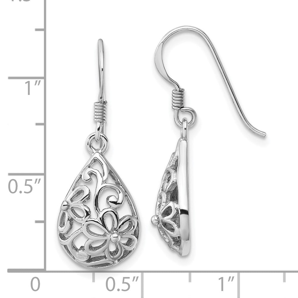 Rhodium-plated Sterling Silver Polished Domed Filigree Flower Earrings