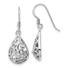 Rhodium-plated Sterling Silver Polished Domed Filigree Flower Earrings