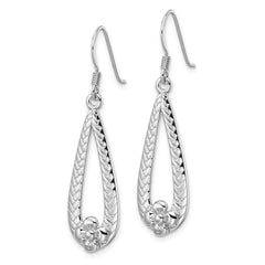 Rhodium-plated Sterling Silverd Polished Textured Teardrop with Flower Dangle Earrings