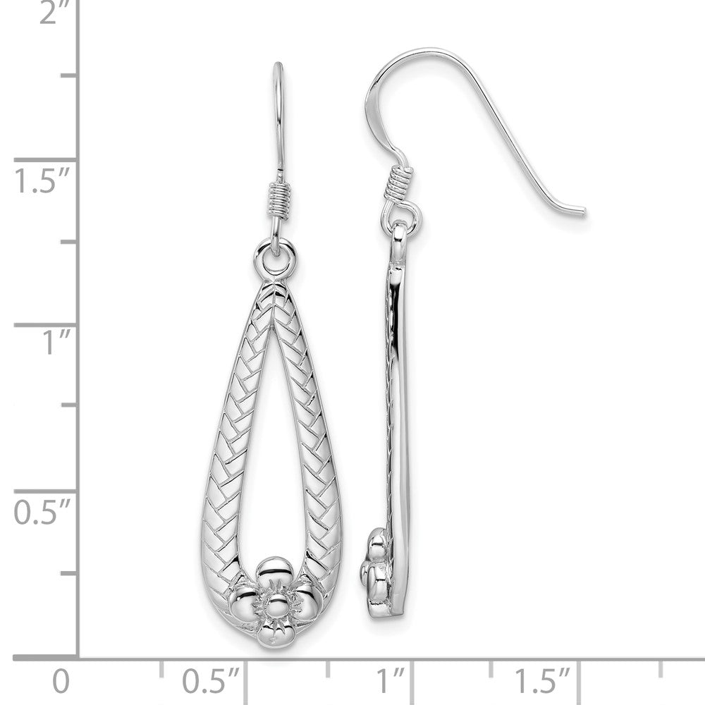 Rhodium-plated Sterling Silverd Polished Textured Teardrop with Flower Dangle Earrings