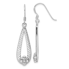 Rhodium-plated Sterling Silverd Polished Textured Teardrop with Flower Dangle Earrings