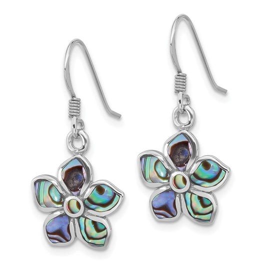 Rhodium-plated Sterling Silver Polished Abalone Flower Dangle Earrings