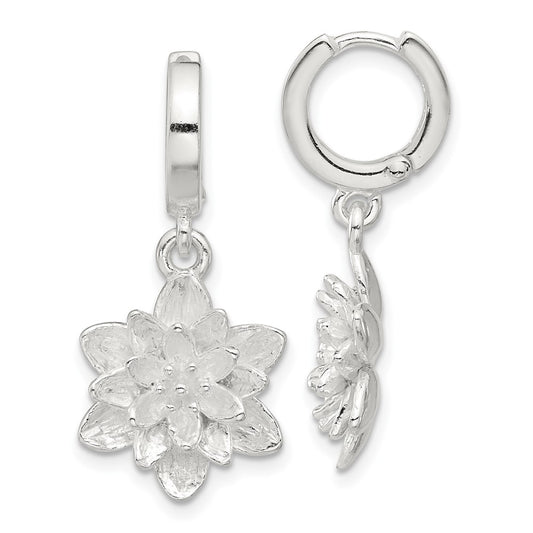 Sterling Silver Lotus Flower Dangle Hinged Hoop Earrings