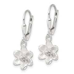 Sterling Silver Satin Polished and Diamond-cut Floral Leverback Earrings