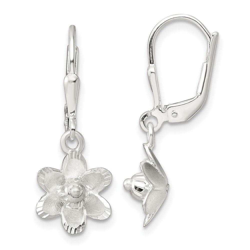 Sterling Silver Satin Polished and Diamond-cut Floral Leverback Earrings