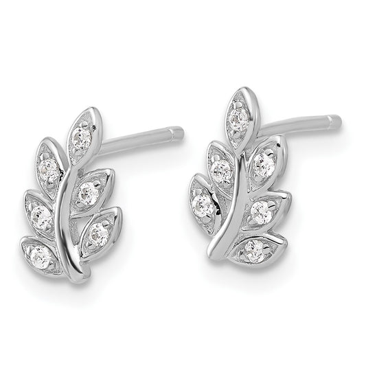 Rhodium-plated Sterling Silver CZ Leaf Post Earrings