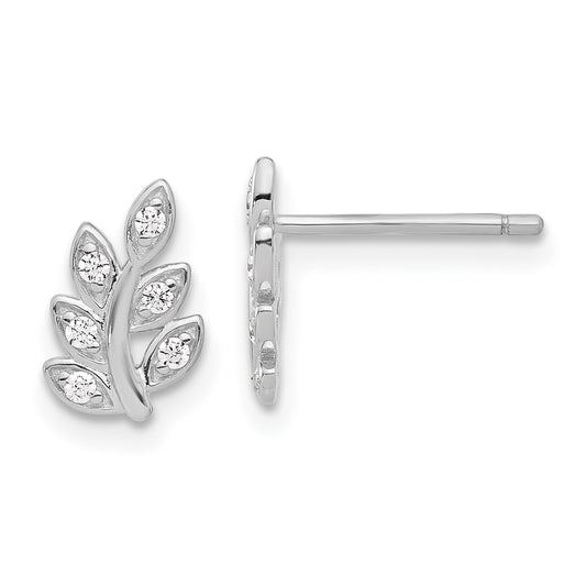 Rhodium-plated Sterling Silver CZ Leaf Post Earrings