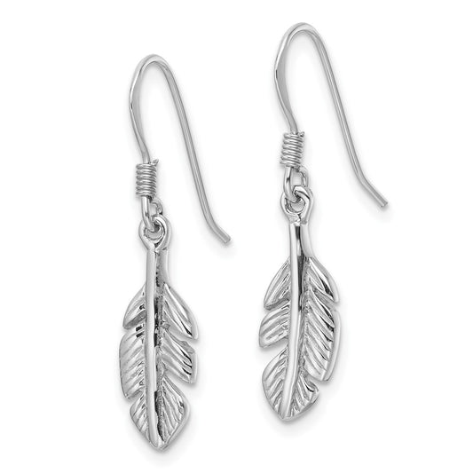 Rhodium-plated Sterling Silver Polished Feather Dangle Earrings