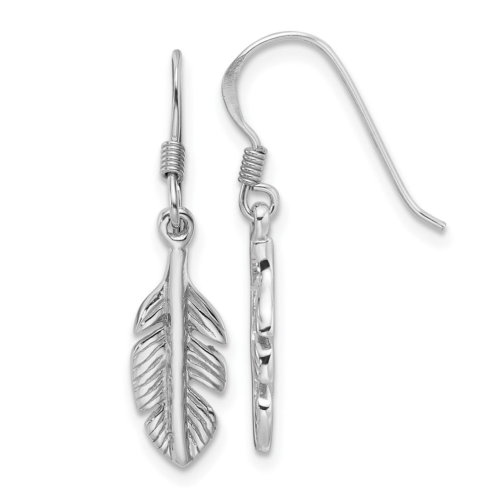 Rhodium-plated Sterling Silver Polished Feather Dangle Earrings