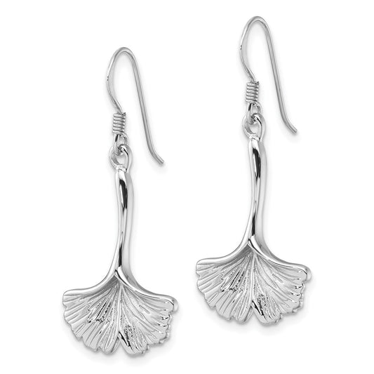 Rhodium-plated Sterling Silver Polished Grooved Ginkgo Leaf Dangle Earrings