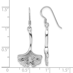 Rhodium-plated Sterling Silver Polished Grooved Ginkgo Leaf Dangle Earrings