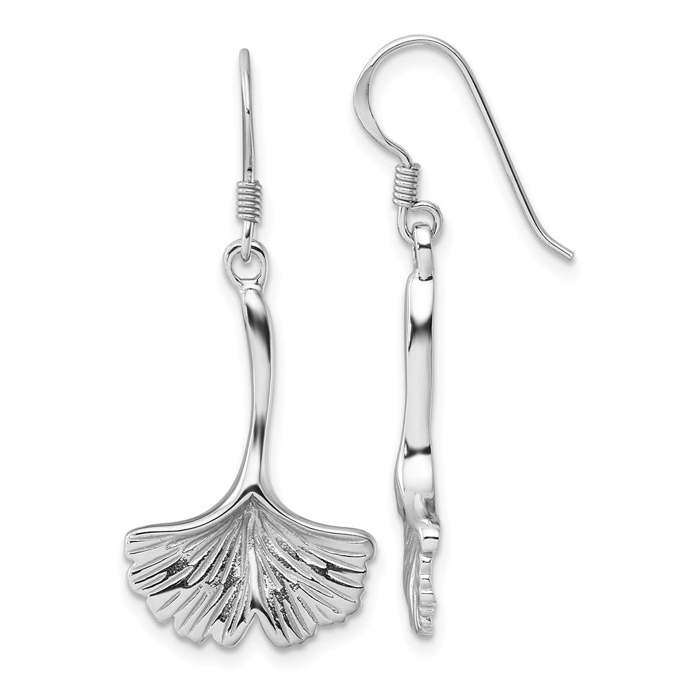 Rhodium-plated Sterling Silver Polished Grooved Ginkgo Leaf Dangle Earrings