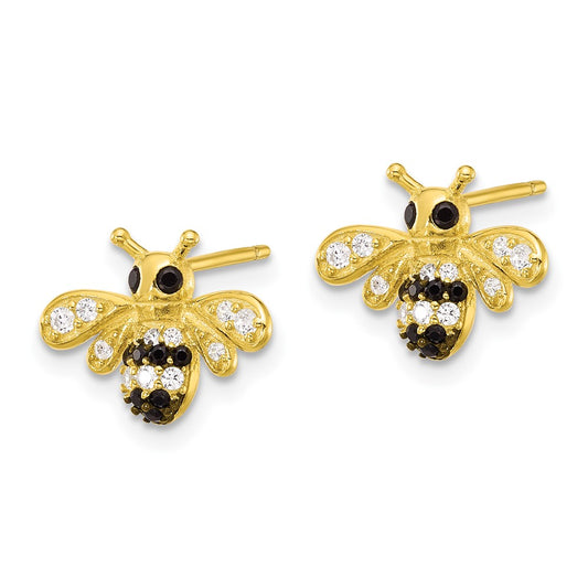 Yellow Gold-plated Sterling Silver Black Rhodium Bee with Black and White CZ Post Earrings